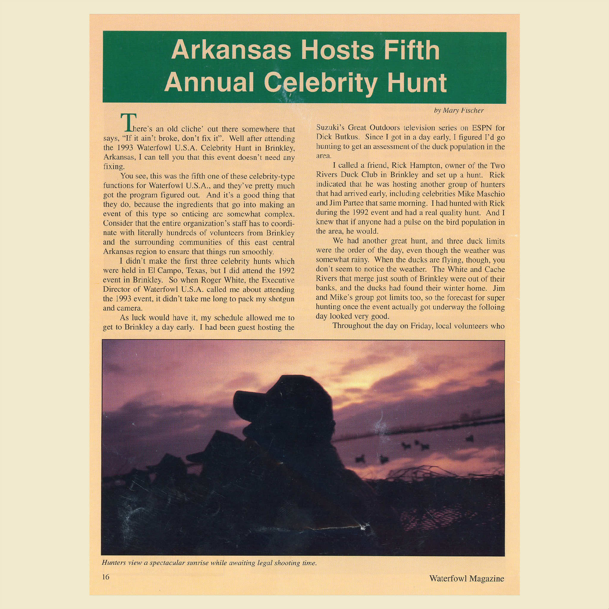 Old magazine article discussing the annual celebrity hunt in the legendary Arkansas green-timber hunting at Two Rivers Duck Club