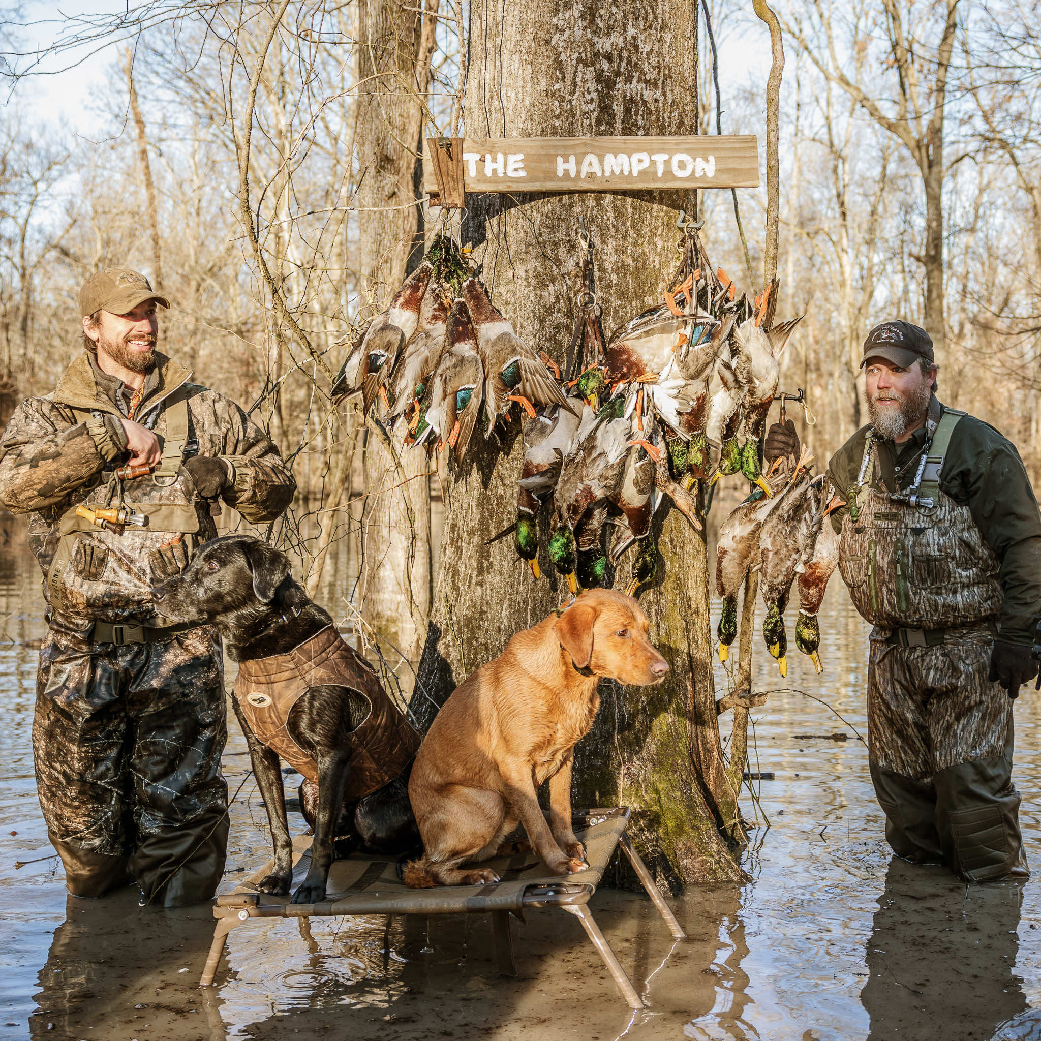 Hunters in the flooded green timber of Arkansas at Two Rivers Duck Club in the 2021-2022 Arkansas duck season.